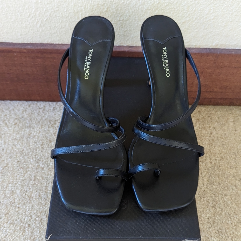 Tony Bianco Black Strappy Square-Toe Heeled Sandals